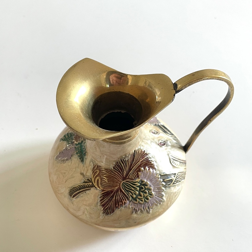 Vintage India Brass Cloisonne Floral Mini Pitcher Enamel Vase Chinoiserie Boho